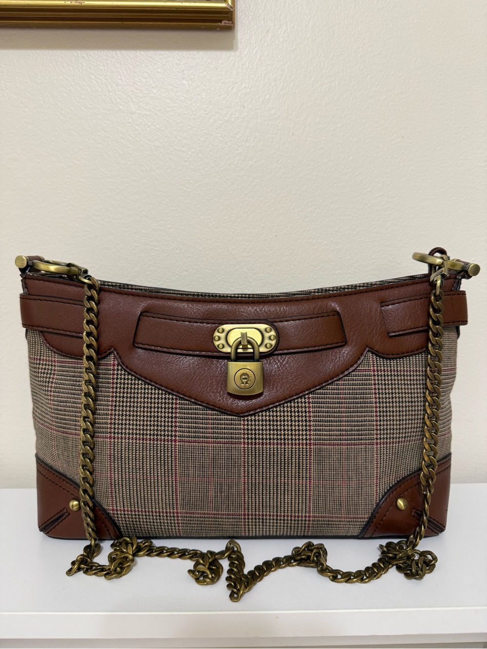 Vintage Etienne Aigner Brown Plaid  Crossbody Bag with Chain Strap